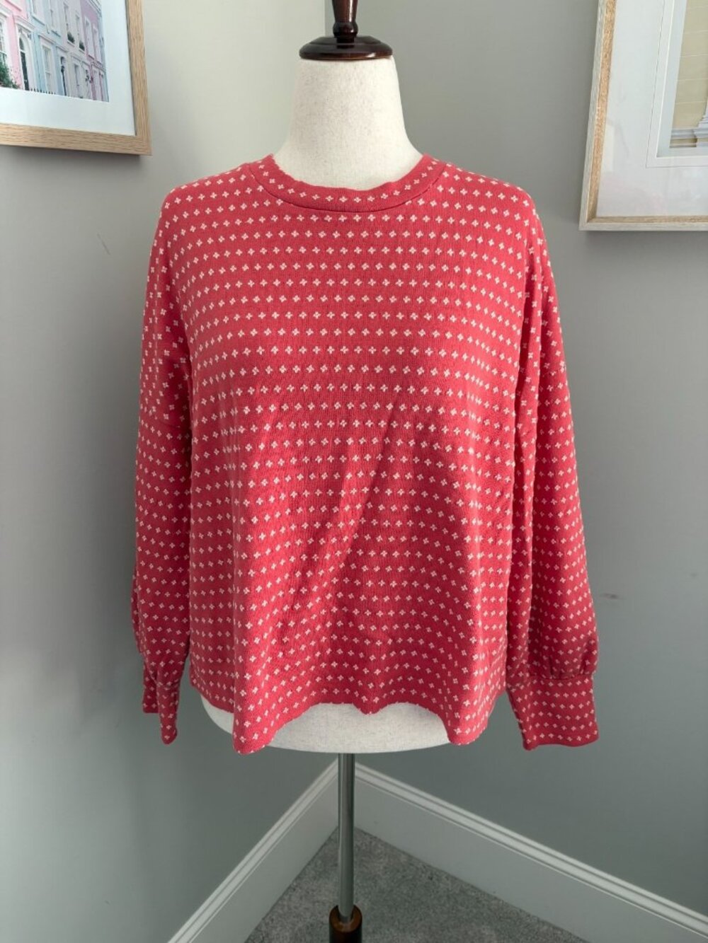 Madewell Floral Jacquard Puff Sleeve Top XL Vintage Dahlia Coral Pink Sweatshirt